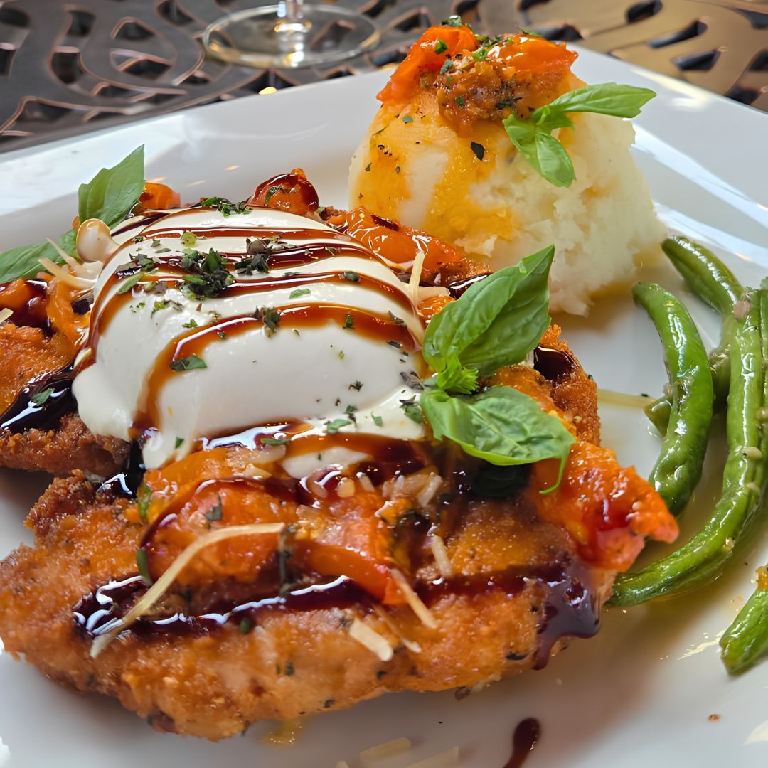 caprese burrata chicken Filet Mignon & Grilled Colossal Shrimp