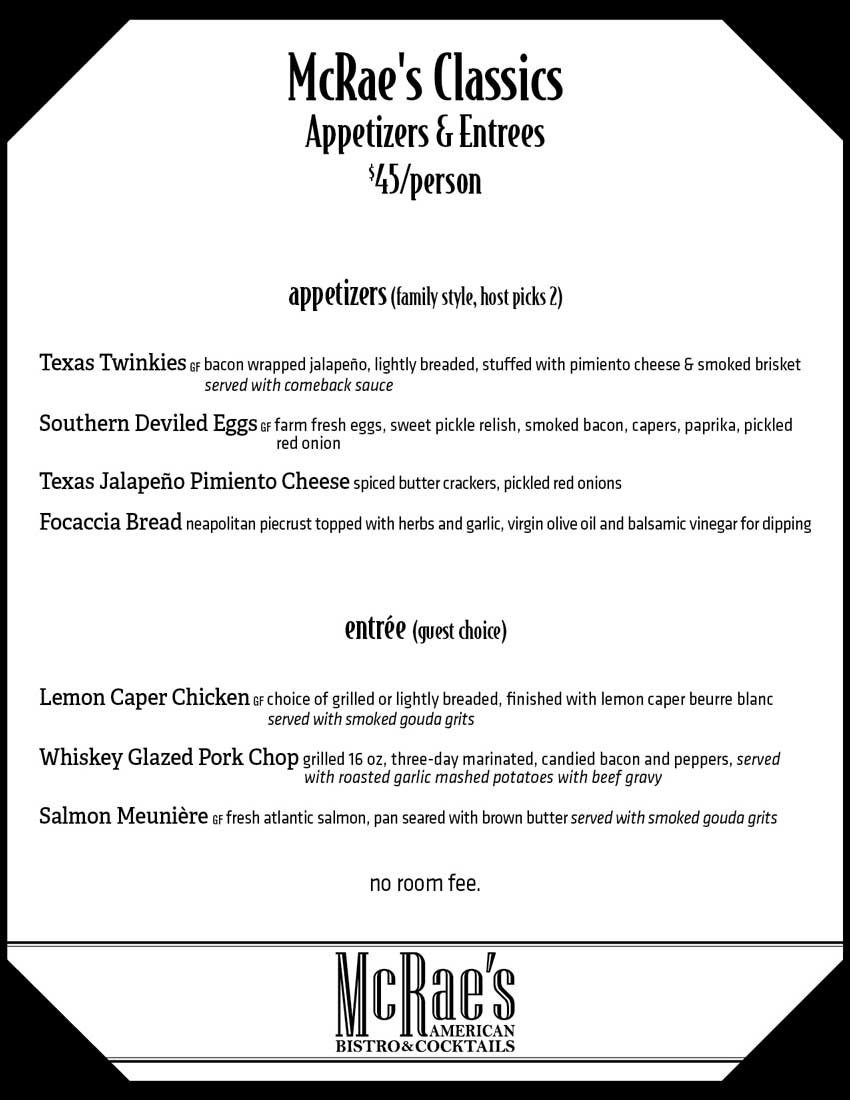MCrae's Event Dining Menu